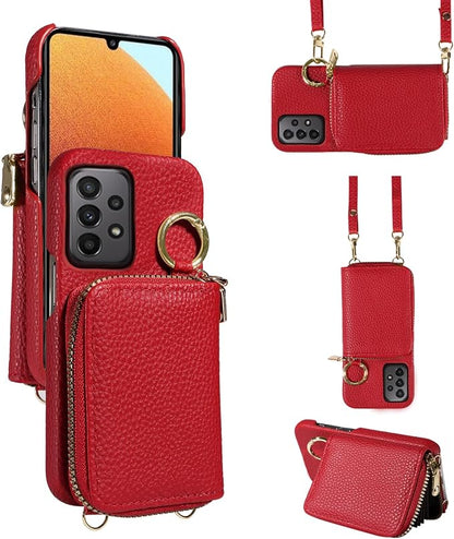 Wallet Case for Samsung Galaxy A73 5G with Shoulder Strap Ring Buckle, Luxury PU Leather Zipper Flip Organ Purse, Credit Card Holder Stand Full Body Cell Phone Cover for A 73 Women Men Red