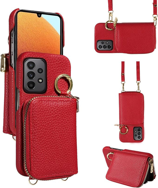 Wallet Case for Samsung Galaxy A23 5G/4G with Shoulder Strap Ring Buckle, Luxury PU Leather Zipper Flip Organ Purse, Credit Card Holder Stand Full Body Cell Phone Cover for A 23 23A 6.6 Red