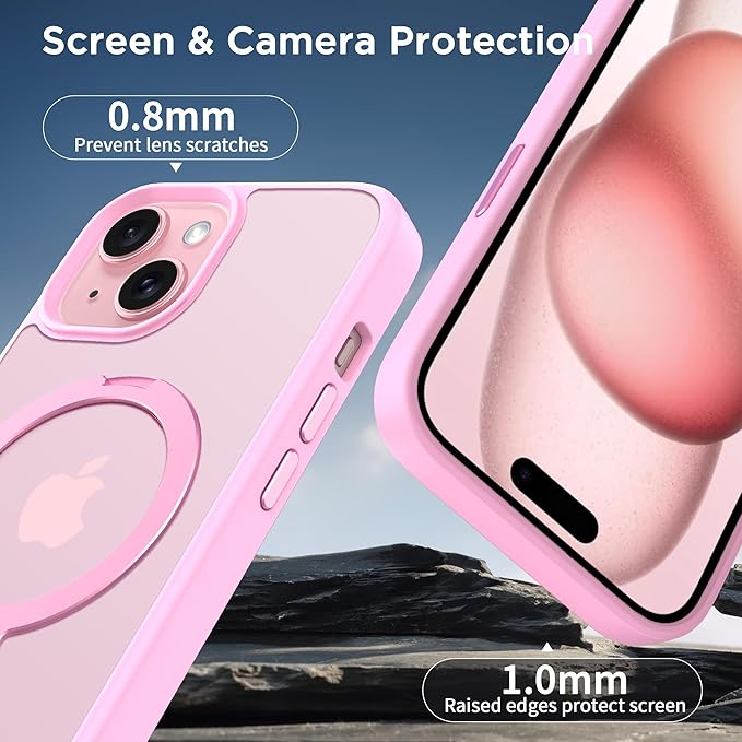 CACOE Magnetic Case for iPhone 15 6.1 inch with 360 Rotatable Ring Stand, Compatible with MagSafe Car Phone Mount, iPhone 15 Cases Cover Phone Holder for Desk Meeting/Videos Pink