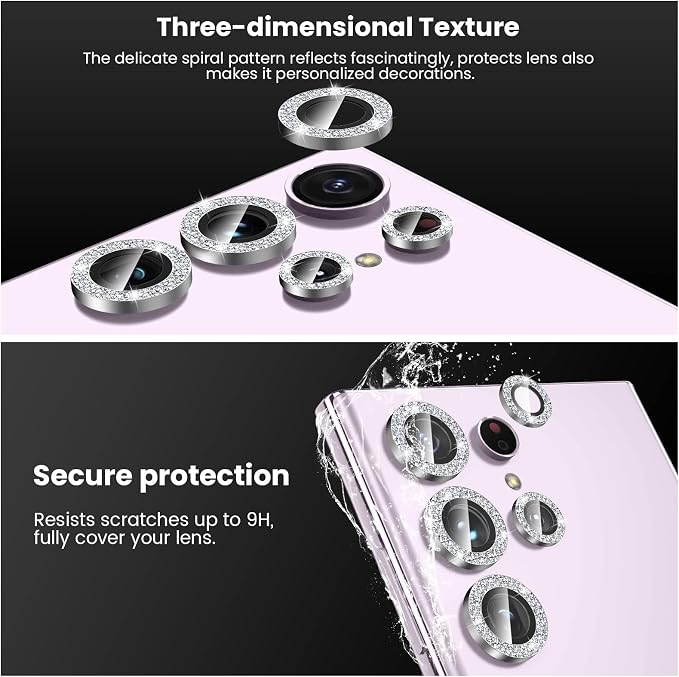 Tensea (3+2PCS for Samsung Galaxy S23 Ultra 5G Camera Lens Protector, 9H Tempered Glass Camera Cover Screen Protector Metal Individual Ring [Installation Tray][Removal tool][Case Friendly]- Glitter