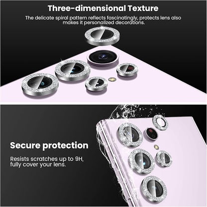 Tensea (3+2PCS for Samsung Galaxy S23 Ultra 5G Camera Lens Protector, 9H Tempered Glass Camera Cover Screen Protector Metal Individual Ring [Installation Tray][Removal tool][Case Friendly]- Glitter