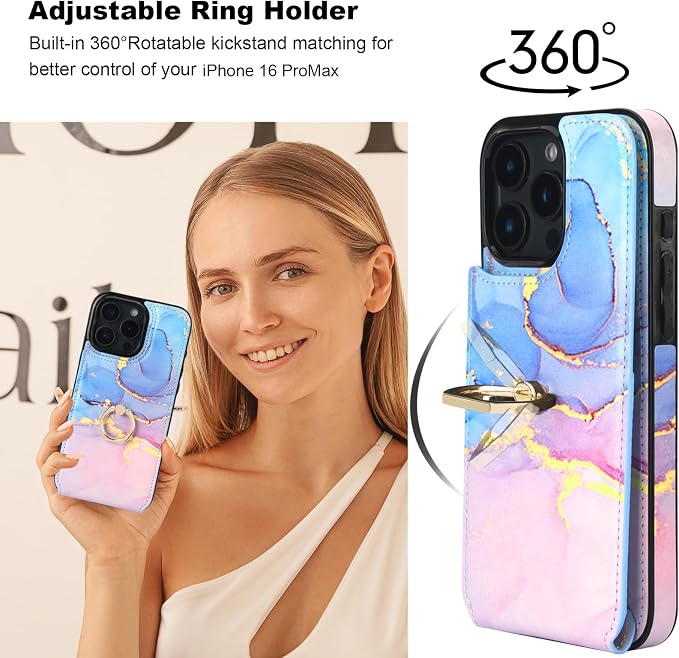 HAOPINSH for iPhone 16 Pro Max Wallet Case with Card Holder, 360°Rotation Ring Kickstand, Pink Blue Marble Pattern, RFID Blocking Leather for Girls Women, Double Buttons Protective Cover 6.9"