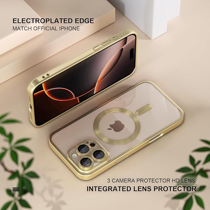 Misea Magnetic for iPhone 16 Pro Max Case Compatible with MagSafe [Never Yellowing] [Military Grade Drop Protection] Full Camera Lens Protector Plating Soft Clear Phone Case for Women, Titanium Gold