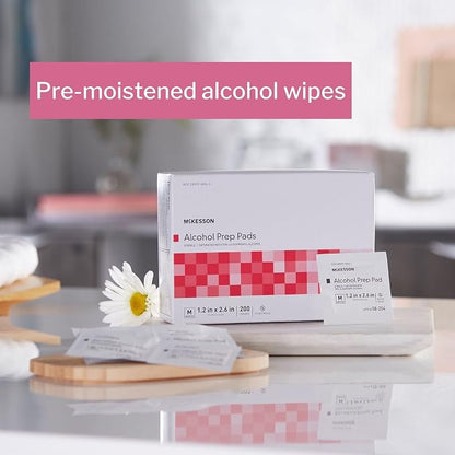 McKesson Alcohol Prep Pads [Pack of 200] 70% Isopropyl, Individually Wrapped Wipes, Sterile, Medical-Grade, First Aid, Medium