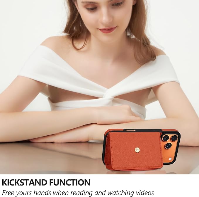 Keallce Wallet Case for iPhone 17 Pro Max 6.9'', Genuine Leather Magnetic Flip Case with RFID Blocking, Card Holder Slots and Kickstand, Protective Folio Cover for Women, Orange