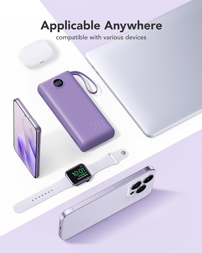 VRURC Portable Charger Power Bank - 20000mah Fast Charging PD 22.5W Power Battery 5 Output 3 Input Design 4 Cable USB Charging Compatible for iPhone Samsung Android Google LED Display