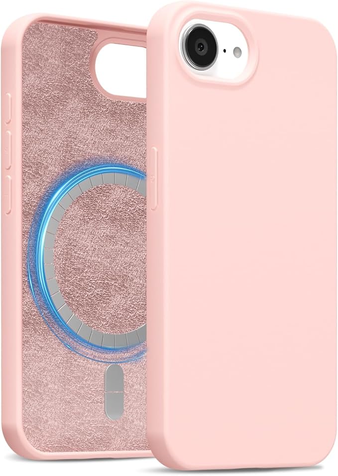 for iPhone 17e 16e Case Silicone Compatible with Magsafe Case, Ultra Slim Thin Magnetic Phone Cases Mag Safe, Cute Soft Rubber Gel TPU Matte Plain Wireless Charging Cover for Women, Light Pink