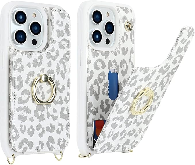 Lipvina for iPhone 14 Pro Case with Card Holder for Women,Phone Case with Strap,Crossbody Lanyard,RFID Blocking,Ring Stand,Snap Clasp,Cute Wallet Case 6.1 inch(White Leopard)