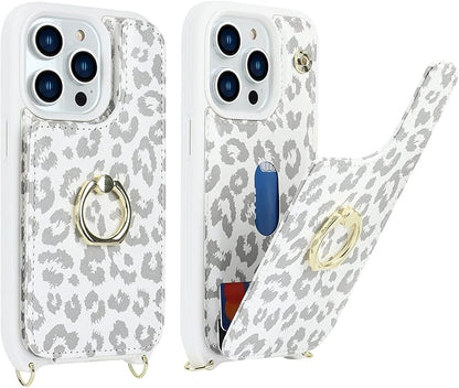 Lipvina for iPhone 14 Pro Case with Card Holder for Women,Phone Case with Strap,Crossbody Lanyard,RFID Blocking,Ring Stand,Snap Clasp,Cute Wallet Case 6.1 inch(White Leopard)