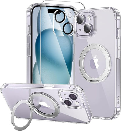 3 in 1 for iPhone 14 Case Stand |Build in Kickstand,Screen Protector *1 & Camera Lens Protector*1, Not Yellowing, Fits MagSafe, Military-Grade Protection