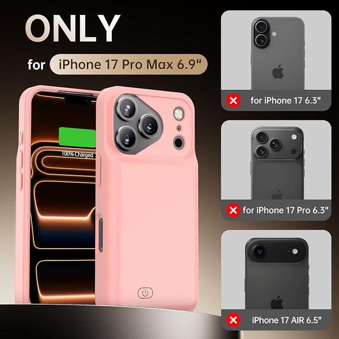 GIN FOXI Battery Case for iPhone 17 Pro Max, Charging Case Charger 8500mAh Ultra-Slim Lightweight Powerful Battery Pack 15W Fast Rechargeable Anti-Fall TPU Juice Box for 17 Pro Max (6.9") Pink