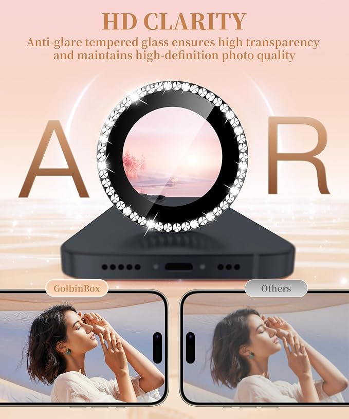 GolbinBox Camera Lens Protector for iPhone 14/14 Plus, 1:1 Invisible Fit, 9H Tempered Glass Ultra HD Metal Individual Camera Cover for Women, Case Friendly, Bling/Black
