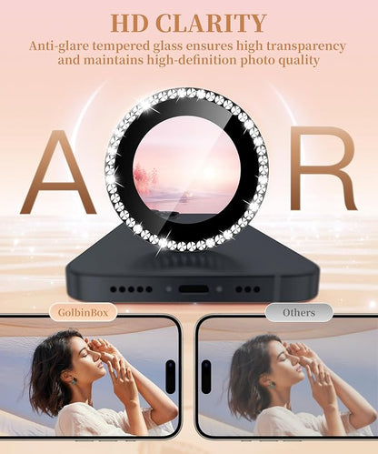 GolbinBox Camera Lens Protector for iPhone 14/14 Plus, 1:1 Invisible Fit, 9H Tempered Glass Ultra HD Metal Individual Camera Cover for Women, Case Friendly, Bling/Black