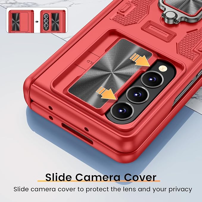 VEGO for Galaxy Fold 4 Case, Samsung Z Fold 4 with Slide Camera Cover | Hinge Protection & Screen Protector, Built-in 360° Magnetic Ring Stand Case for Samsung Galaxy Z Fold 4 5G 2022 - Red