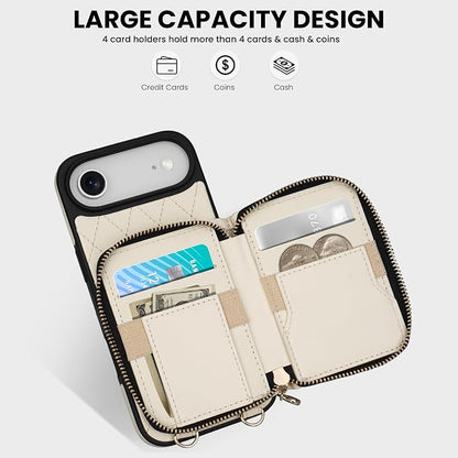 Keallce Case for iPhone Air 6.5'' Wallet Case, Crossbody Zipper Purse with Wrist Strap Lanyard Handbag, RFID Blocking Card Holders, Kickstand Flip Leather Cover for iPhone 17 Air, Beige