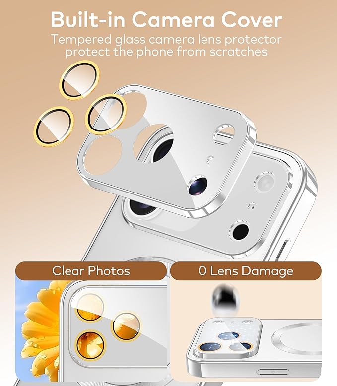 Magnetic for iPhone 17 Pro Case with Ring Stand, Fits MagSafe, with Built-in Camera Cover, Slim Electroplated Shockproof Phone Case, Silver