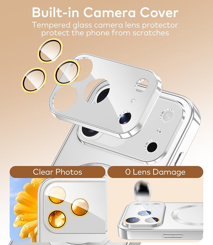 Magnetic for iPhone 17 Pro Max Case with Ring Stand, Fits MagSafe, with Built-in Camera Lens Protector, Slim Electroplated Shockproof Phone Cover, Silver