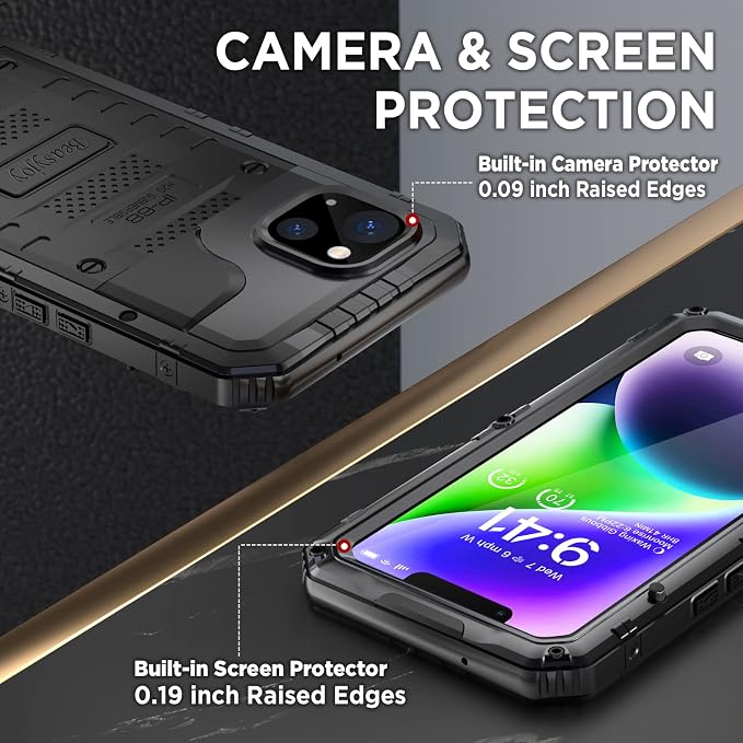 Beasyjoy for iPhone 14 Case Waterproof, Metal Heavy Duty Full Body Protective Case with Built-in Screen Protector, Military Grade Shockproof Dustproof Defender Rugged Cover 6.1 Inch, Black