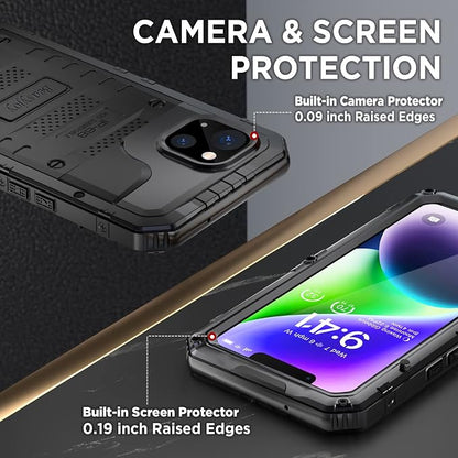 Beasyjoy for iPhone 14 Case Waterproof, Metal Heavy Duty Full Body Protective Case with Built-in Screen Protector, Military Grade Shockproof Dustproof Defender Rugged Cover 6.1 Inch, Black