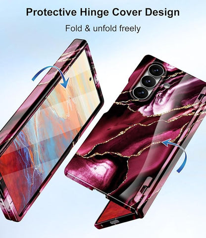 Btscase for Samsung Galaxy Z Fold 7 Case,Built in Front Screen Protector,Gold Glitter Marble Pattern Hard PC Slim Shockproof Full Body Drop Protective Case for Galaxy Z Fold 7 5G, Wine Red