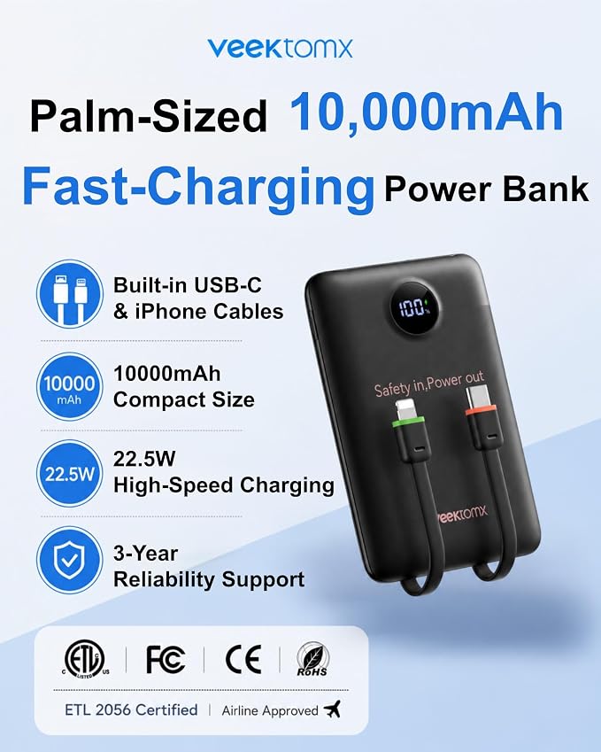 VEEKTOMX Small Portable Charger 10000mAh (Not Magnetic) | Built-in Cables, 22.5W Fast Charging USB-C Battery Pack, TSA Approved Travel Charger for iPhone, Samsung, Android