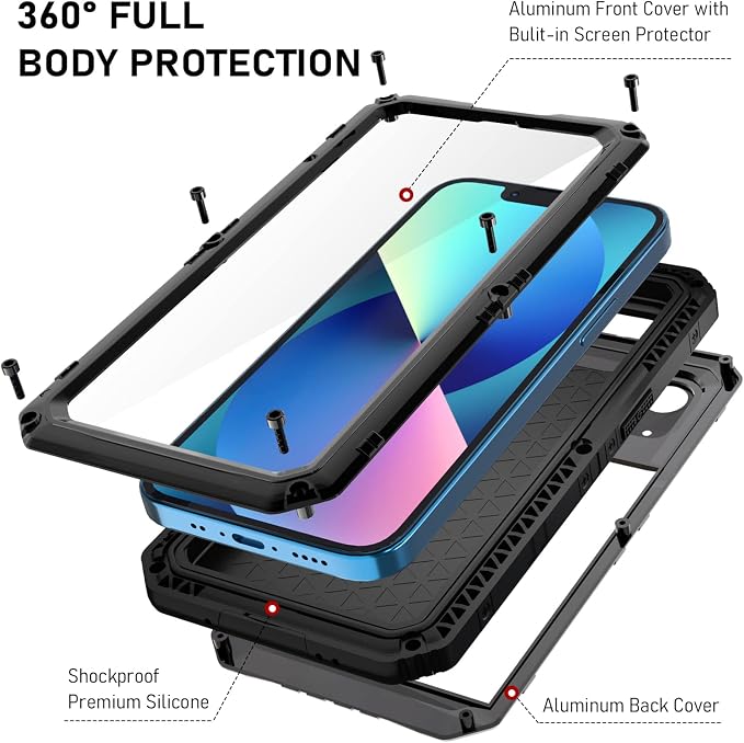 Beasyjoy for iPhone 13 Case Waterproof, Metal Phone Case with Built-in Screen Protector, Heavy Duty Full Body Protective Military Grade Shockproof Rugged Defender Cover 6.1 Inch, Black