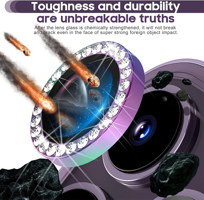 Suoman for iPhone 14 Pro Max / 14 Pro Camera Lens Protector, [Diamonds Bling] 9H Tempered Glass, Full Coverage Metal Protective Cover - Diamond Colorful