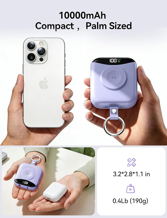 Portable Charger Power Bank, 10000mAh Fast Charging Power Bank with Built-in Cables, Travel Keychain Battery Pack with LED Display for iPhone Samsung Android iPad iWatch Charger 11/10/9/8/Ultra,Purple