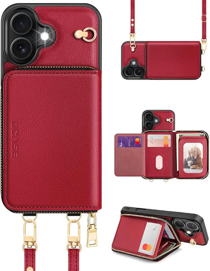 OCASE Compatible with iPhone 16 Crossbody Wallet Case with Card Holder, PU Leather Zipper Handbag Phone Purse with RFID Blocking Kickstand Wrist Strap Lanyard 6.1 Inch, Dark Red