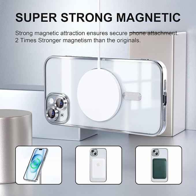 Misea Magnetic for iPhone 15 Plus Case Compatible with MagSafe [Never Yellowing] [Military Grade Drop Protection] Full Camera Lens Protector Plating Soft Clear Phone Case for Women, Silver