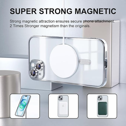 Misea Magnetic for iPhone 15 Plus Case Compatible with MagSafe [Never Yellowing] [Military Grade Drop Protection] Full Camera Lens Protector Plating Soft Clear Phone Case for Women, Silver