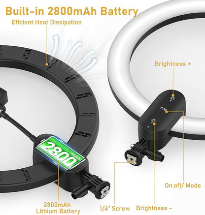 12 inch Ring Light with Stand 2800mAh Rechargeable, LED Circle Selfie Cordless Ringlight with 63" Tripod/Phone Holder/Remote for Makeup Live/Video Recording/Tiktok/YouTube/Podcasting/Vlogging