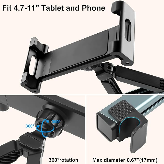 Kairiyard Tablet Holder for Car, Triangle Extension Arm Adjustable Car Back Seat Tablet Holder Road Trip Essentials Headrest Tablets Cars Mount Compatible with iPad Pro, Air, Mini, 4.7-11" Devices