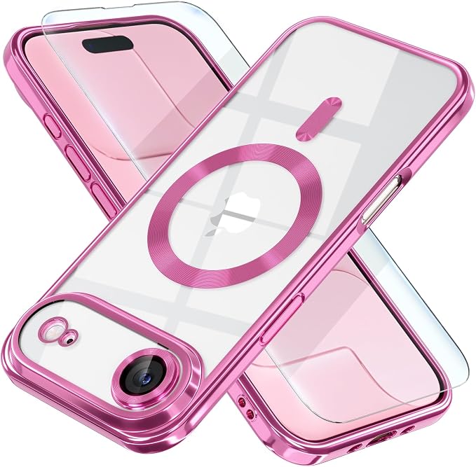 Misea Magnetic for iPhone 17 Air Case Compatible with MagSafe [Never Yellowing] [Military Grade Drop Protection] Full Camera Lens Protector Plating Soft Clear Phone Case for Women, Hot Pink