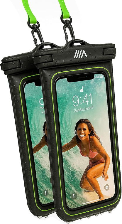 【2025 Upgraded】 2 Pack Black - IP68 Waterproof Phone Pouch Floating Design No Sink Waterproof Phone Case - Beach Pool Travel Essentials - Works w/All Phones - Detachable Lanyard - Black/Hi-Vis Green