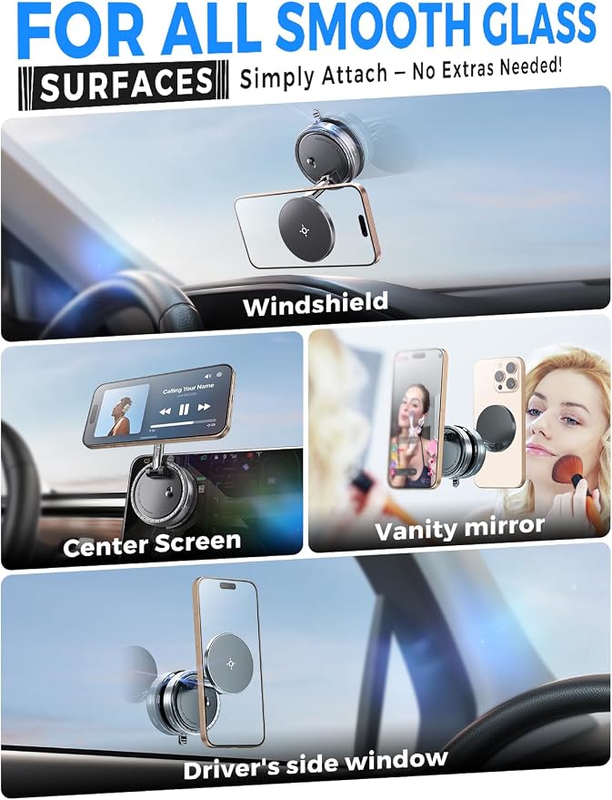 eSamcore Vacuum Magnetic Phone Holder for Car, for Magsafe Car Mount for Windshield, Foldable Stand Suction Cup for Mirror, Glass, Screen, Gym, Smooth Surfaces Compatible with iPhone