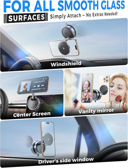 eSamcore Vacuum Magnetic Phone Holder for Car, for Magsafe Car Mount for Windshield, Foldable Stand Suction Cup for Mirror, Glass, Screen, Gym, Smooth Surfaces Compatible with iPhone