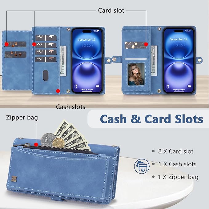 Wallet Case for iPhone 16 with Card Holder/Crossbody Wallet/Strap| RFID Blocking | Magnetic | Kickstand | Detachable | PU Leather Phone Case for iPhone 16,6.1 in,Sky Blue