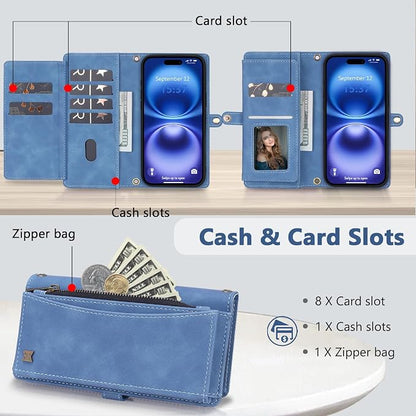 Wallet Case for iPhone 16 with Card Holder/Crossbody Wallet/Strap| RFID Blocking | Magnetic | Kickstand | Detachable | PU Leather Phone Case for iPhone 16,6.1 in,Sky Blue