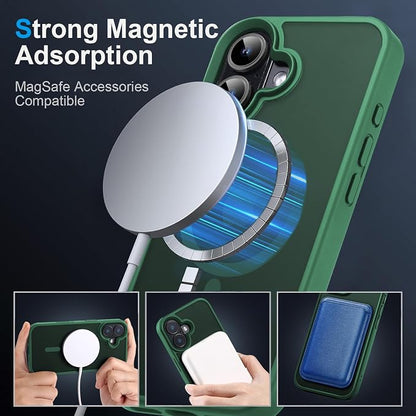 Magnetic Case for iPhone 16 Case [10FT-Grade Drop Tested & Compatible with MagSafe] Translucent Anti-Fingerprint Shockproof Protective Cover 6.1 Inch,Dark Green