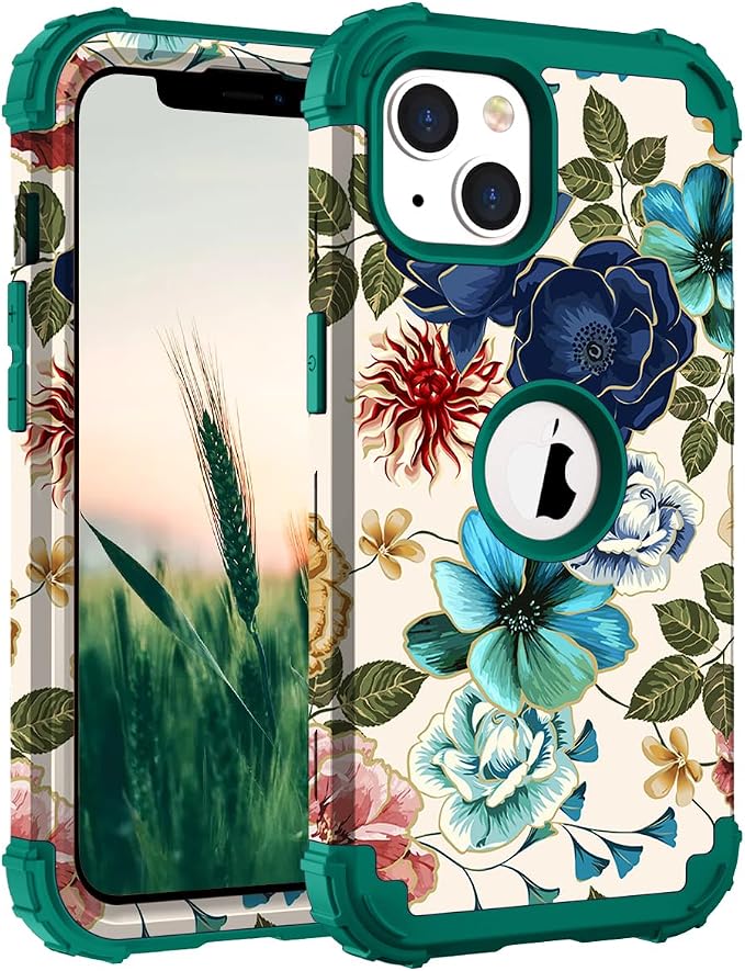 Hocase for iPhone 14 Case/iPhone 13 Case, Heavy Duty Shockproof Protection Soft Silicone Rubber+Hard Plastic Bumpers Hybrid Protective Case for iPhone 13/14 (6.1") - Teal Flowers