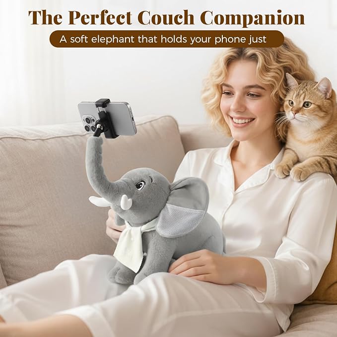 Phone Holder, Phone Mount with 360° Rotating Clip 45° Adjustable Trunk, Elephant Stuffed Animal with Ear Pockets Glasses Cloth Scarf & Back Headphone Fit, Cell Phone Holder for Desk Bed Sofa Car- Gray