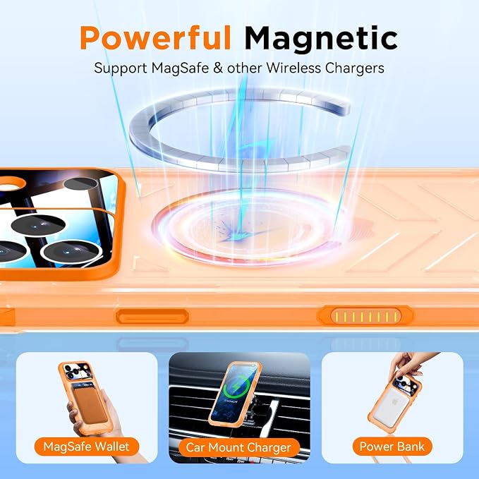 WIFORT for iPhone 17 Pro Waterproof Case, [Fit for Magsafe] with Sapphire Lens & Screen Protector, IP68 Full Body 15FT Military Shockproof, Magnetic Frosted Phone Cover with Lanyard, 6.3" Orange