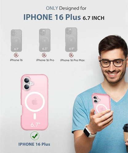 Compatible with iPhone 16 Plus Case, Built-in Screen Protector, with Camera Lens Protector, [Compatible with MagSafe] Matte Back Full Body Phone Case, Protective Cover for 16 Plus 6.7" (Pink)