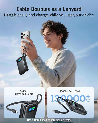 RORRY 45W Portable Charger, 20000mAh Power Bank, iPhone Battery Pack | Fast Charging, Extended Built-in USB C Cable, Smart Display, For iPhone 17/16/15, Galaxy, Pixel, iPad, Travel Essential