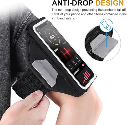 Running Armband with Earphone Bag Cell Phone Armband for iPhone 17 16 15 Pro 14 Plus 13 11 XR, Galaxy S24/S10 Water Resistant Sports Phone Holder Case & Zipper Slot Car Key Holder for 6.9 inch Phone