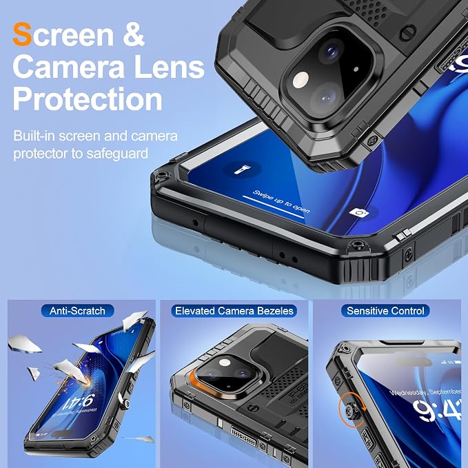 Mitywah Waterproof Case for iPhone 15, Heavy Duty Shockproof Case with Built-in Screen Protector, Full Body Underwater Protective Metal Case 6.1 inch, Black