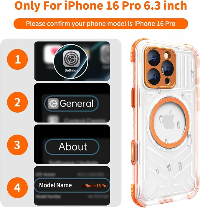 for iPhone 16 Pro Waterproof Case Compatible with MagSafe, IP68 Underwater Case Built-in Screen Protector, Slim Translucent 360° Full Body Protection, 12FT Military Grade, 6.3 Inch (Orange)