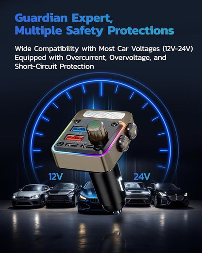 Nulaxy 54W Bluetooth 5.3 Car Adapter with 4 Charging Ports [PD 36W & QC3.0 18W], Wireless Radio FM Transmitter with Deep Bass Player & 5 Colors LED Backlit, Hands-Free Calling - Gold