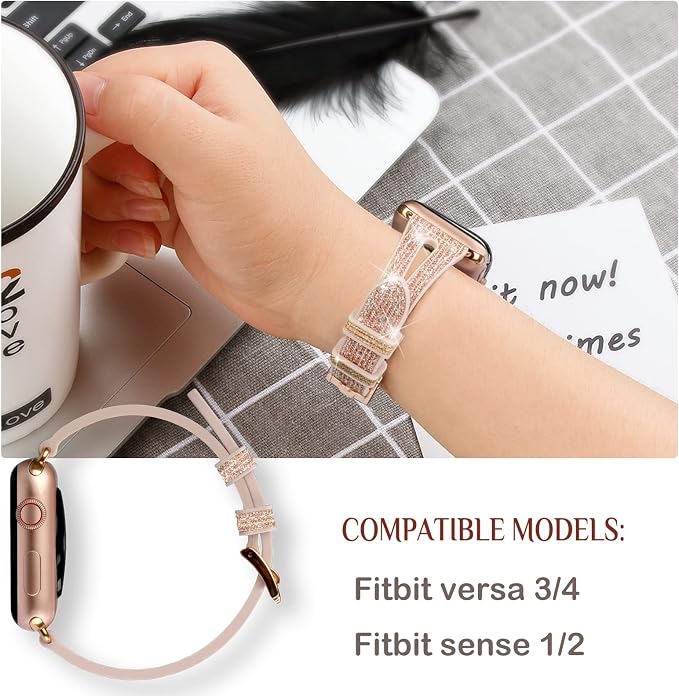 Bling Thin Band for Fitbit Sense/Fitbit Versa Bands for Women - Silicone Glitter Strap Accessories Compatible with Fitbit Sense 2/Versa 4 (Rose Gold)